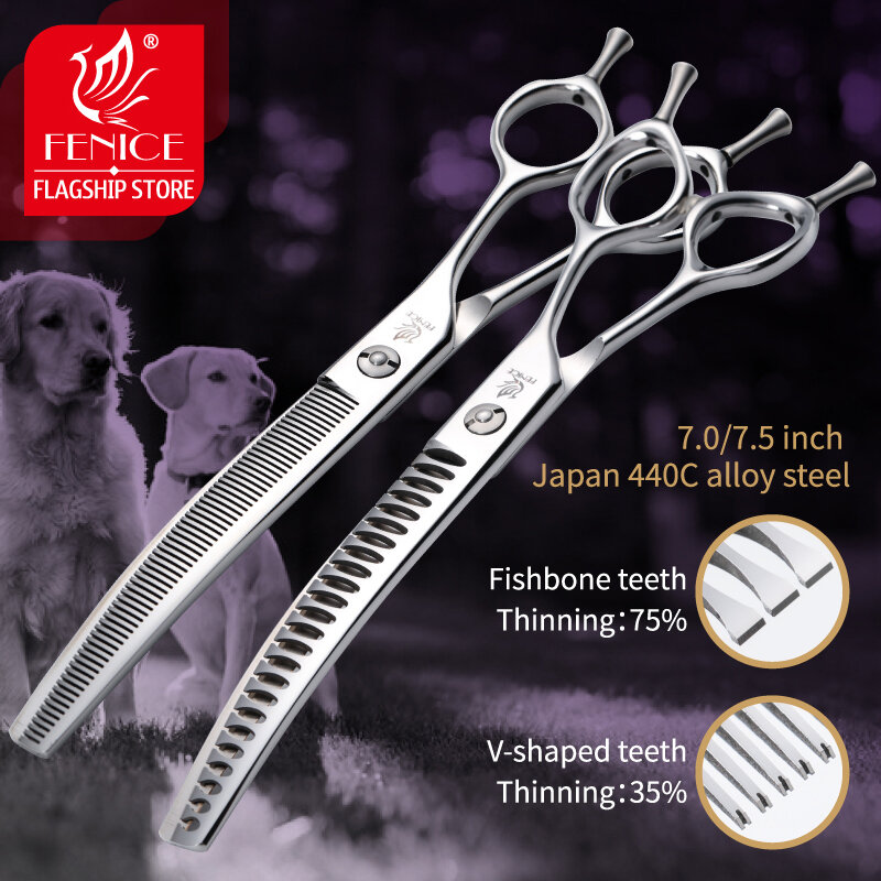 Fenice 7.0/7.5 inch Professional Dog Grooming Shears Curved Thinning Scissors for Dog Face Body Cutiing JP 440C High Quality