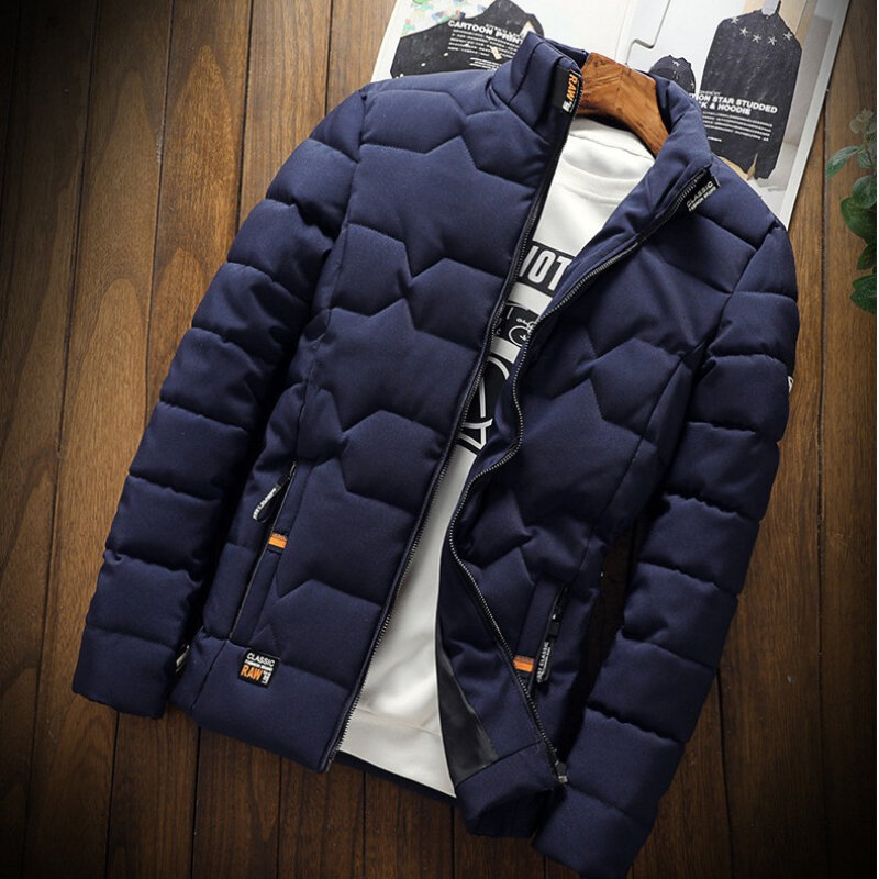 2021 남자 솔리드 컬러 스트라이프 패션 옷깃 플러스 벨벳 패딩 코트 겨울 코트 의류 절연 및 추운 보호 겨울에