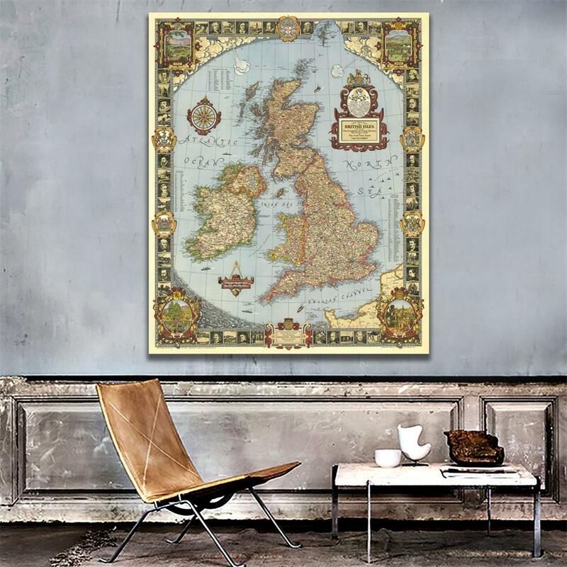 A2 Size Vintage Kingdom of Great Britain Map in 1937 HD Fine Canvas Decpr Map For Living Room/Study Room Wall Decor