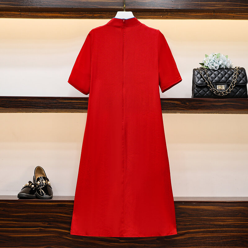 Gaun Midi Wanita Pesta Kasual Qipao Tradisional Tiongkok Bordir Merah Antik Ukuran Plus 2021 M-4XL Gaun Cheongsam Musim Panas