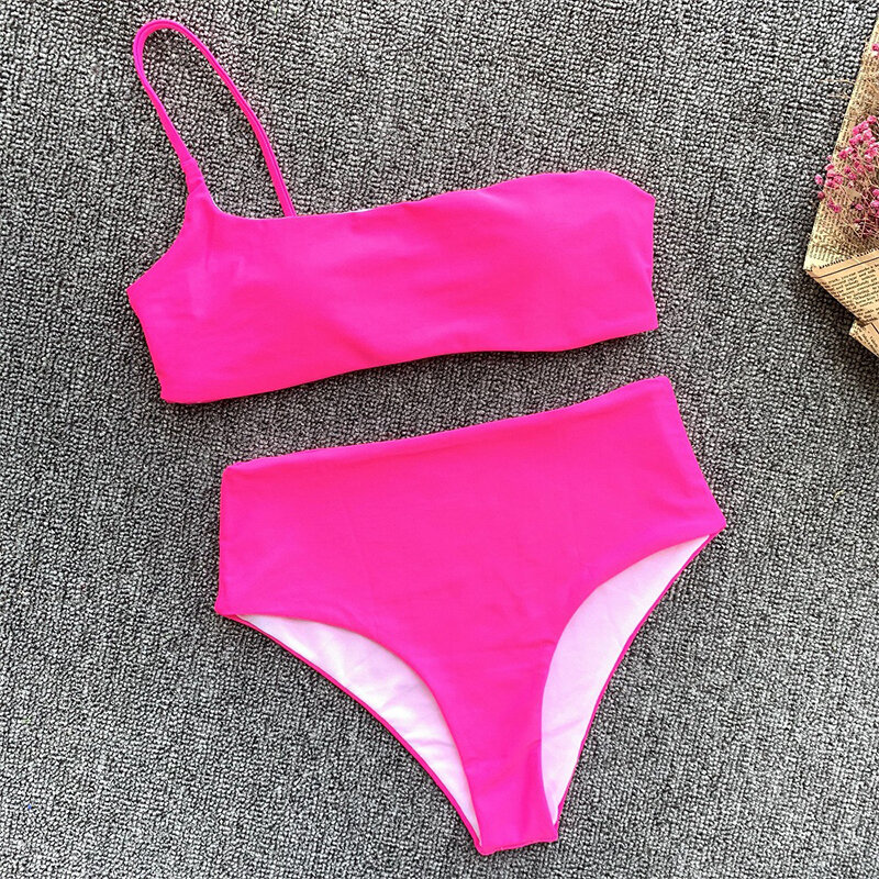 2019 Summer Solid Beach Swimsuits for Women Sexy Halter Swimwear Swimsuit Thong High Waist Bikini Sets Neon Orange Red Bikini