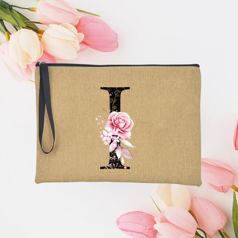 Tas Genggam A-Z Alfabet Bunga Merah Muda untuk Wanita Modis Sarung Kosmetik Linen Tas Tangan Kantung Makeup Tas Tangan Oranye untuk Perjalanan Hadiah
