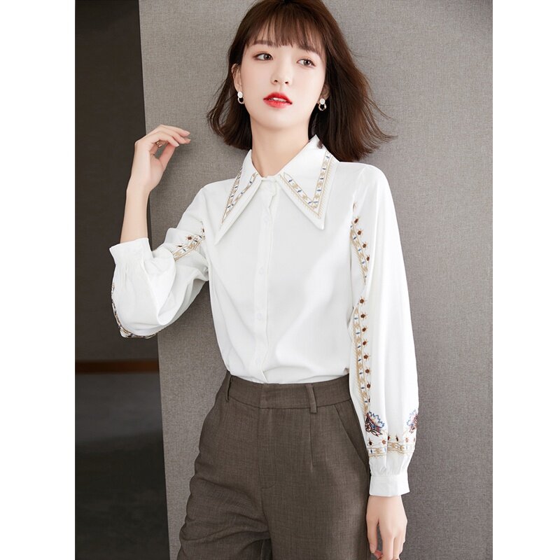 Vintage White Embroidered Shirt Chiffon Long Sleeve Top 2021 Spring Womens Tops and Blouses Blusas