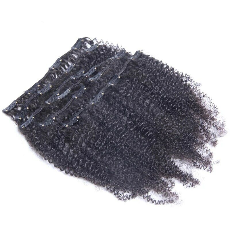 Clip rizado Afro en extensiones de cabello humano, Clips de cabello mongol Remy en negro Natural para mujeres negras, 8 piezas 200 g/Set