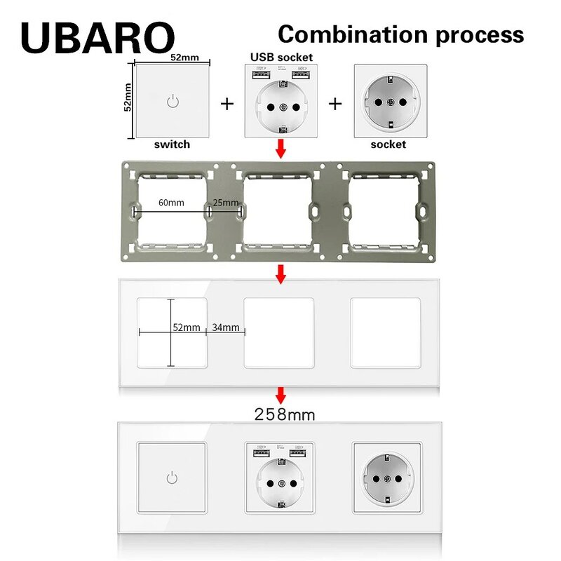 UBARO Czarny panel ze szkła hartowanego Przełącznik dotykowy Gniazdo UE USB Typ C TV Rj45 RJ11 Klucz funkcyjny Diy Kombinacja Kwadratowa skrzynka Zainstaluj