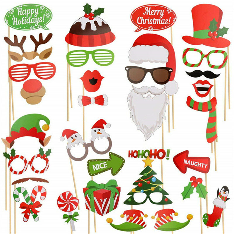 Kit de accesorios para fotomatón de Navidad, máscaras, labios, Barba, muñeco de nieve, suministros de decoración para bodas y fiestas de Navidad