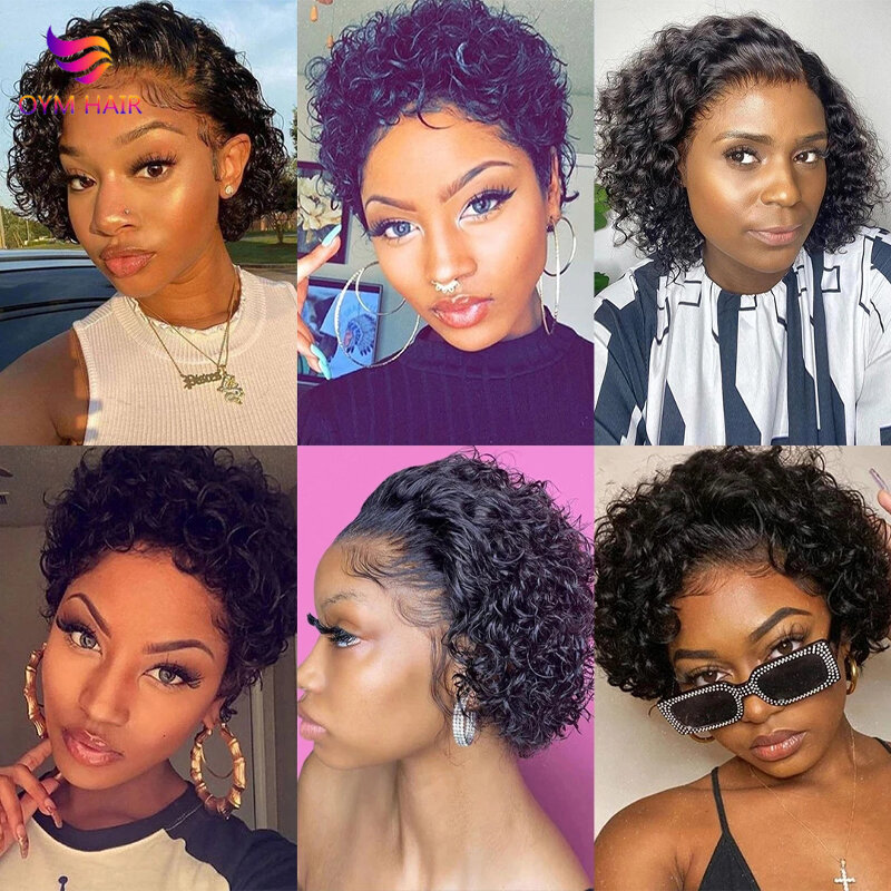 OYM rambut 13x4 Pixie Cut wig renda Frontal rambut manusia wig untuk wanita sebelum dipetik pendek wig keriting rambut manusia kepadatan 180% hitam