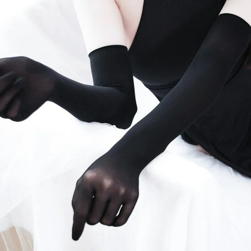 Guantes largos transpirables para hombre y mujer, manoplas sexys de encaje fino transparente, sin costuras, de alta elasticidad, color blanco y negro
