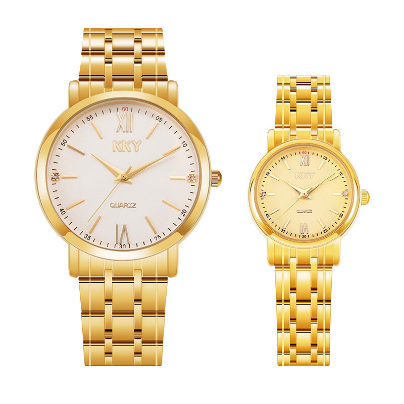 นาฬิกาคู่รักสีทองนาฬิกาแฟชั่นนาฬิกาผู้หญิงควอตซ์กันน้ำสแตนเลสนาฬิกาข้อมือผู้ชาย parejas regalos 2024