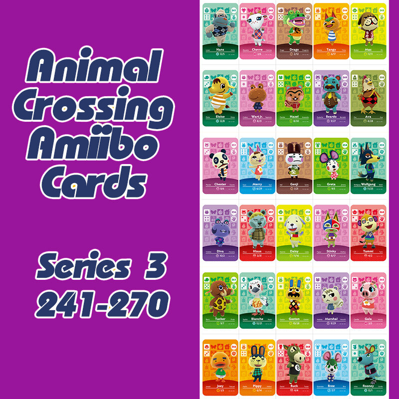 Animal cruzando novos horizontes amiibo cartão para ns switch 3ds jogo lobo conjunto de cartas série 3 (241-270)