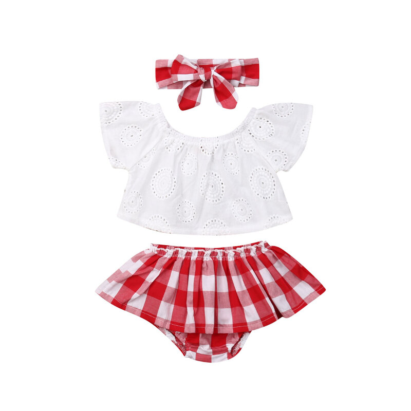 Комплект из 3 предметов Lioraitiin, Одежда для новорожденных девочек 0-24 месяцев, милые летние кружевные топы с открытыми плечами + красное клетчатое короткое платье, повязка на голову, наряд