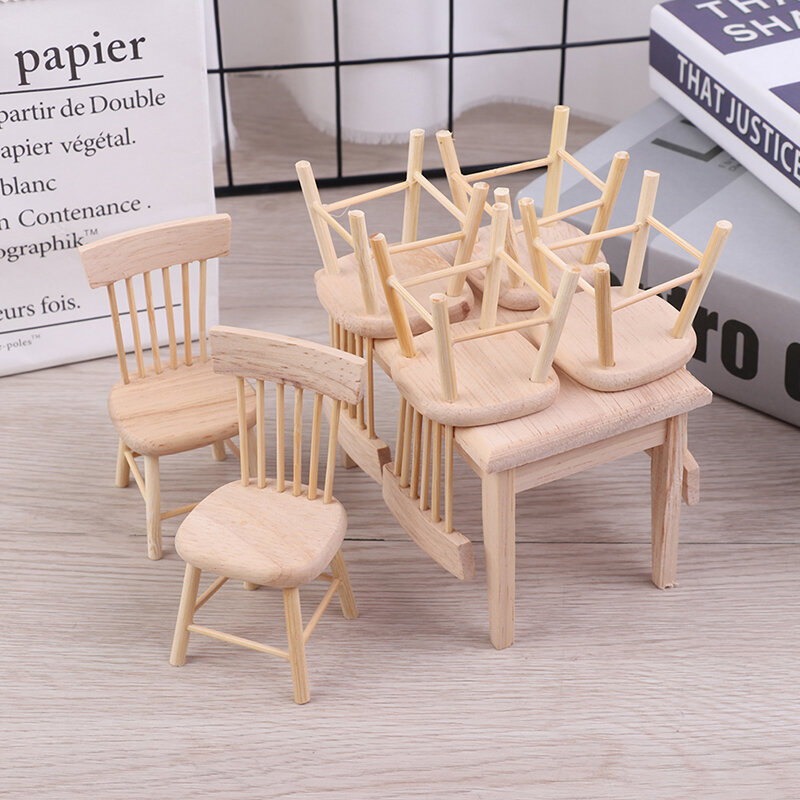 1:12 Miniatur Rumah Boneka Furnitur Meja Makan Kayu dengan 6 Set Model Kursi Miniatur Rumah Boneka Aksesoris Ruangan