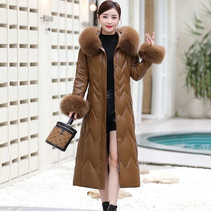 M-7XL 女性 レザー ダウンコート 冬 ファッション 本物 キツネの毛皮 襟とカフ フード付き 長いです アウターウェア シープスキン コート ホワイトダックダウン ジャケット 女性