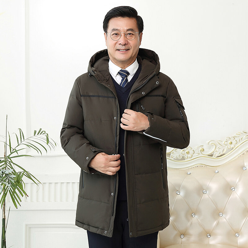 Homem de meia-idade de 25 graus jaqueta de inverno para baixo para o pai mais tamanho 4xl pato branco para baixo casaco com capuz grosso jaqueta à prova de vento