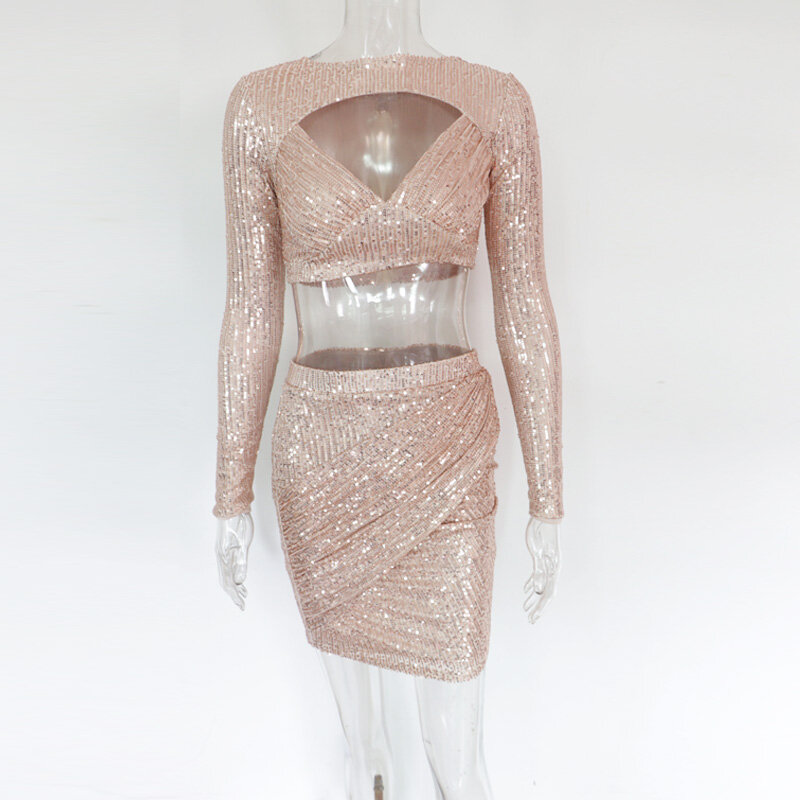 Beyprern-Conjunto de Top corto y falda con corpiño de lentejuelas brillantes, trajes de dos piezas para mujer, trajes Bandeau de lentejuelas para fiesta de cumpleaños