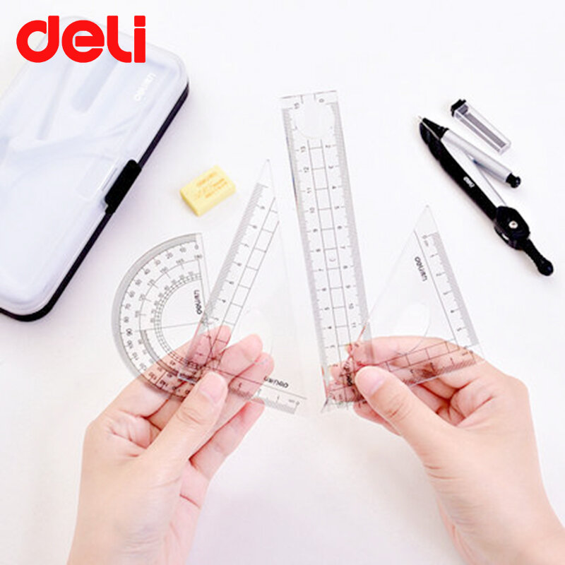 DELI Compass Geometry Set 7/8pcs Math Compass Circle Drawing Template Metal+Plastic Protractor Squares Mathematic Geometry Ruler