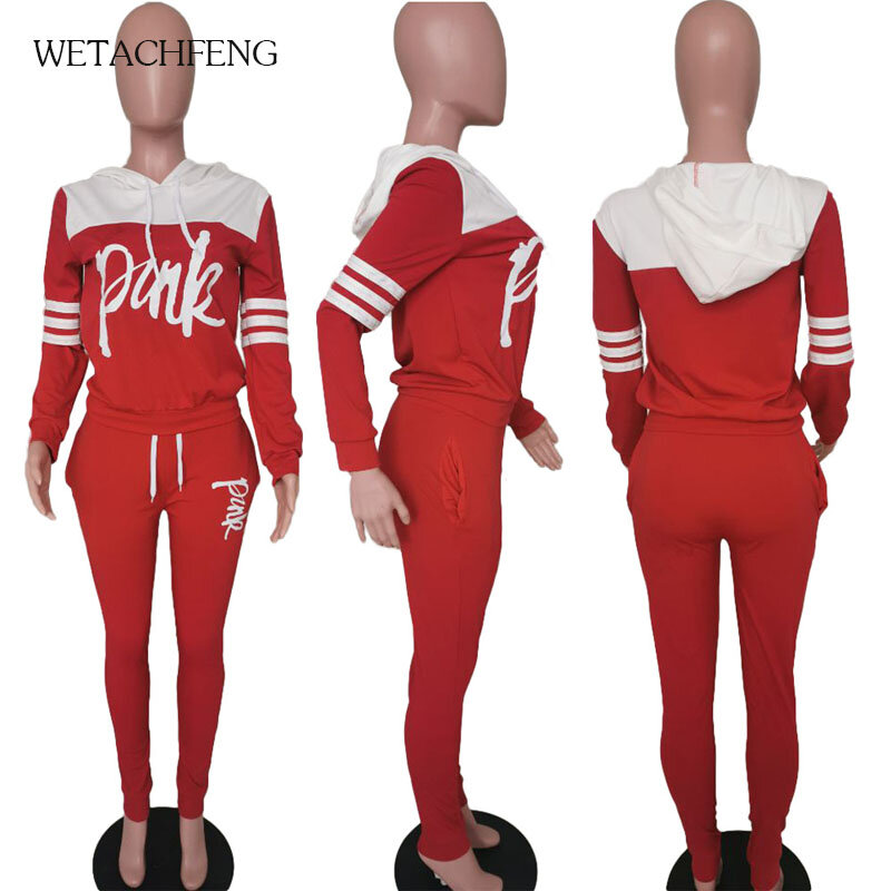 Pakaian Olahraga Wanita Dua Potong Cetak Huruf Merah Muda Mode 2020 Atasan Kaus Musim Semi dan Celana Jogger Set Pakaian Kasual 2 Potong