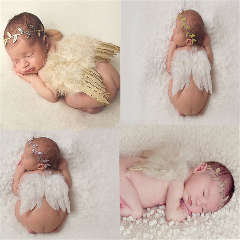 Properti Fotografi Baru Lahir Sayap Bulu Malaikat Pakaian Kostum Bayi dengan Pita Rambut Daun Aksesori Fotografi untuk Bayi