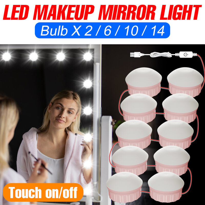 LED Touch przyciemnianie światła lustro do makijażu lampa USB Vanity Cosmetic Fill żarówka 2/6/10/14 PCS Hollywood toaletka ampułka