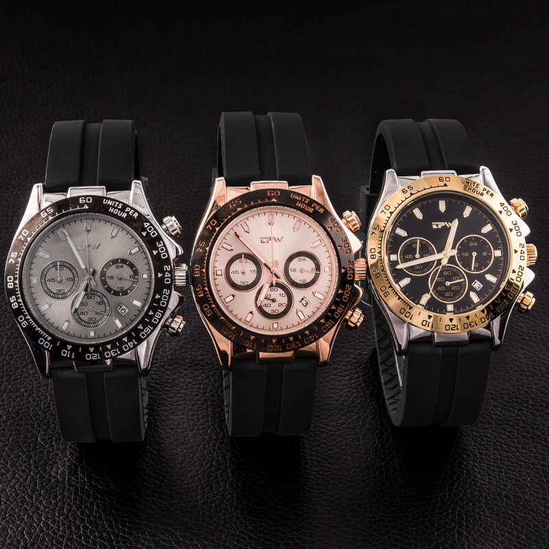 Tachymeter Sport Chronograph 42mm Dial With a Date Window Rubber Strap Quartz Movement