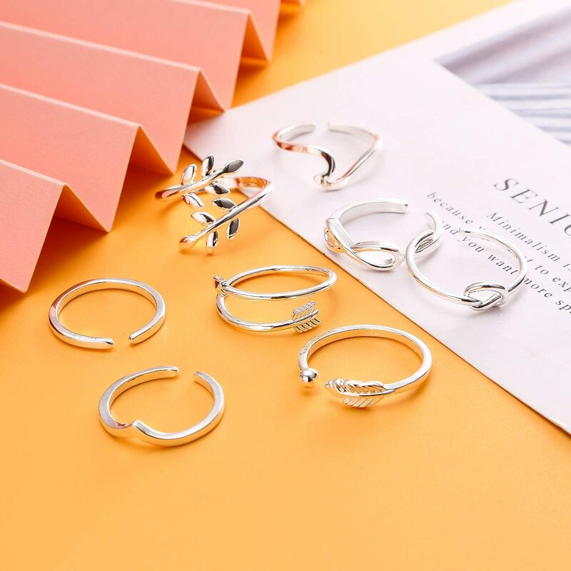 8PCS Toe Ring Stainless Steel Adjustable Summer Beach Arrow Knot Wave Rings Stackable Thumb Rings Hawaiian Foot Jewelry
