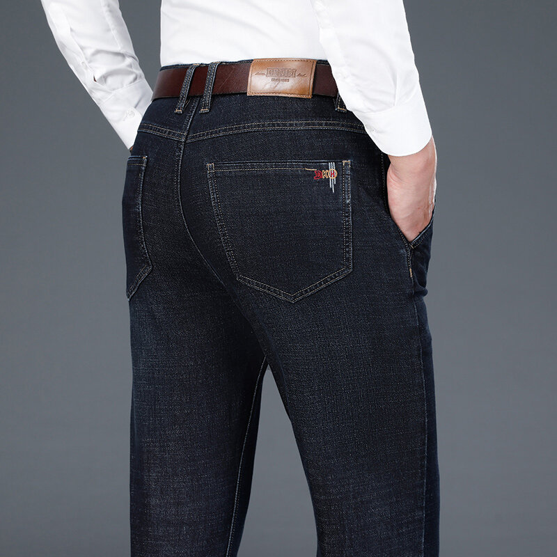 2023 jesienne nowe elastyczny bawełniany męskie biznesowe jeansy z prostymi nogawkami w klasycznym stylu ciemne niebieskie dżinsy męskie spodnie markowe