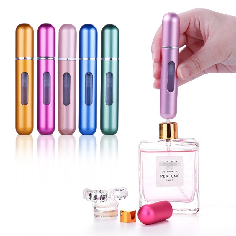Mini botella pulverizadora de Perfume recargable de aluminio, portátil, con contenedores de cosméticos, para almacenamiento de herramientas de viaje, 5 piezas
