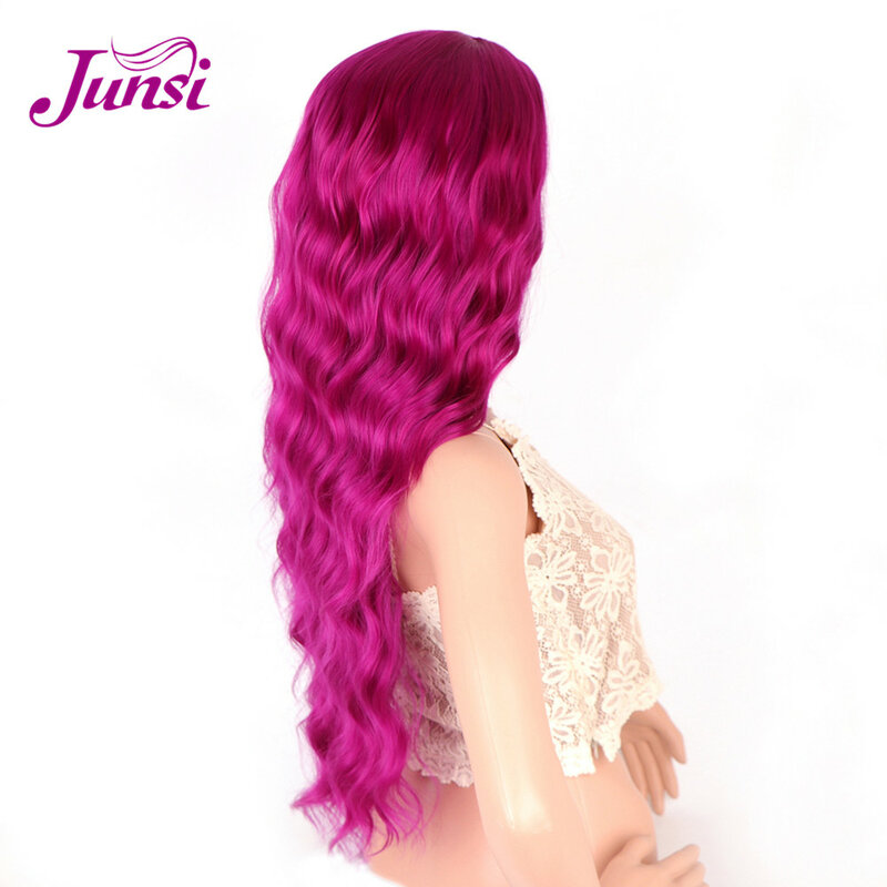 JUNSI 26 pulgadas Pelo Rizado largo púrpura peluca sintética con ondas grandes para mujeres parte media Natural pelo afroamericano resistente al calor