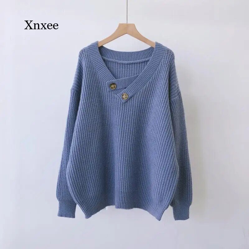 2021 Pullover Knitwear Autumn Winter Buttons V-Neck Knitted Sweaters Korean New Solid Women Long Sleeve Tops Clothing
