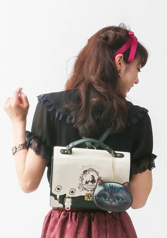 Alice In-mochila de cuero con silueta bordada para mujer, Bolsa Escolar vintage con ejes, para estudiantes, naipes