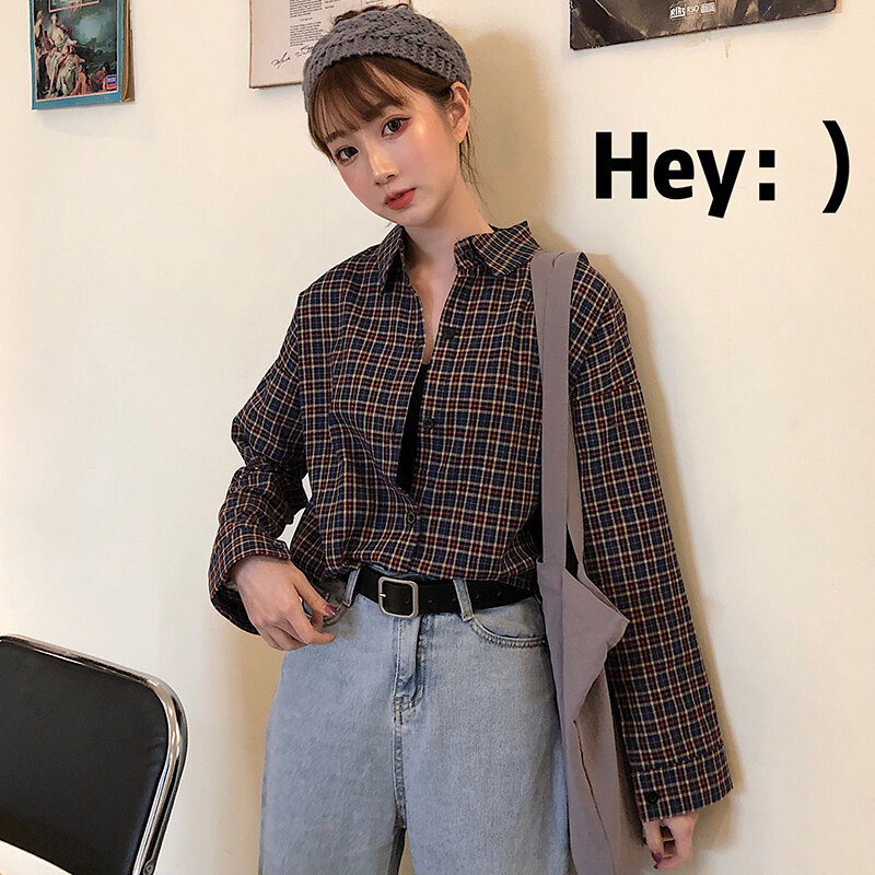 2020 primavera nova moda casual lapela plus size blusas femininas xadrez camisa verificações coréia camisas femininas manga longa blusa