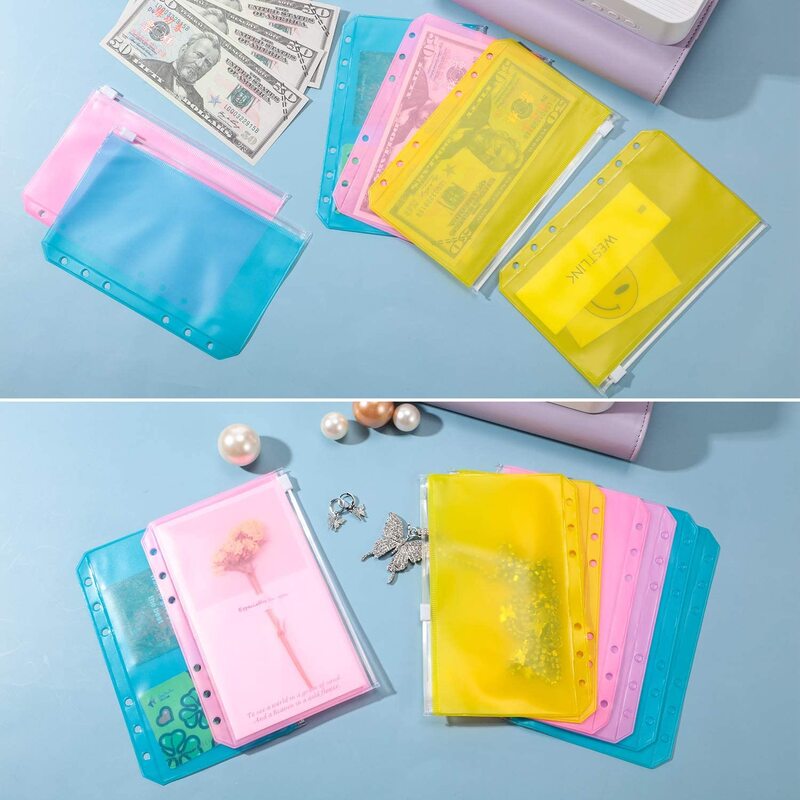 A6 Binder Pocket Colorful 6 Holes Loose Leaf Zipper Bag Plastic Binder Zipper Folders Waterproof File Bags for Documents Sticker