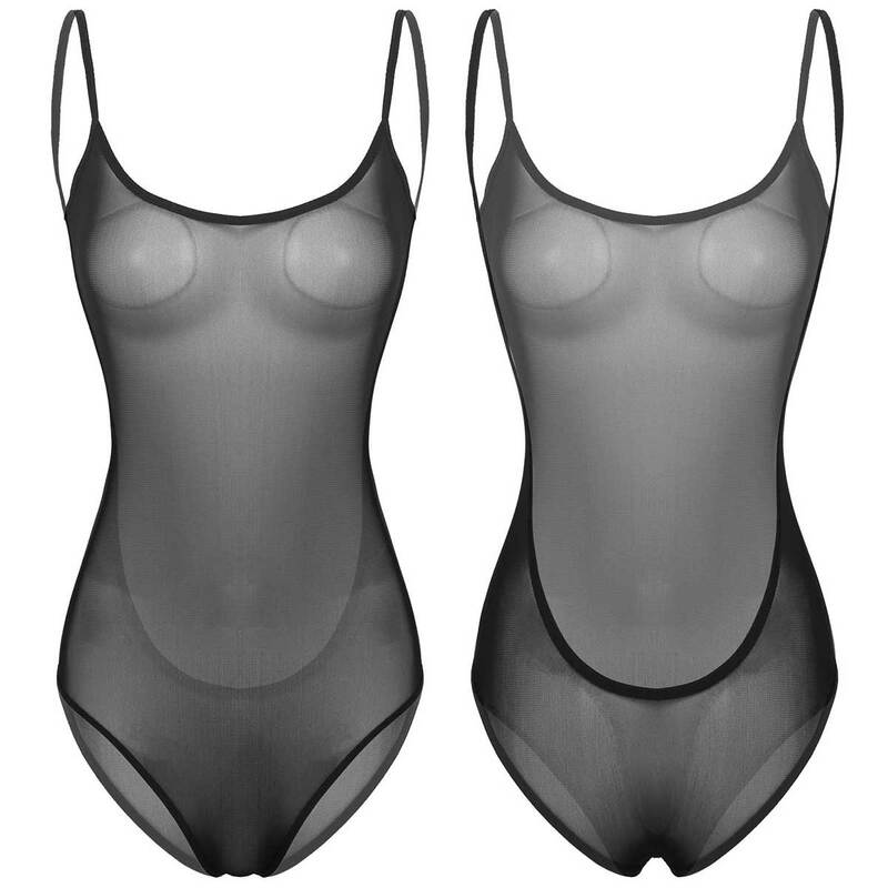 Sexy Womens See Through Sheer Mesh Bodysuit Lingerie One-piece Spaghetti Shoulder Straps Backless Leotard Nightwear Underwear