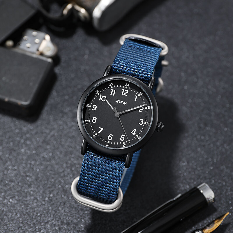 TPW – montre classique 40mm, bracelet NATO avec boucle lourde, mouvement japonais, aiguilles lumineuses