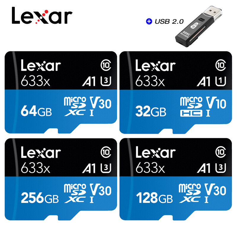 Lexar-carte mémoire micro sd 633x32 go, sdxc, SDHC, U1, classe 10, 64 go/128 go/256 go/512 go, pour caméra d'action, smartphone, tablette