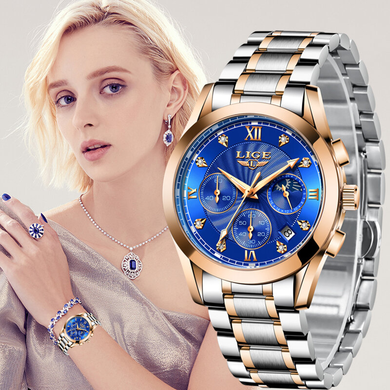 LIGE 2022 nowe złote zegarki damskie zegarki damskie kreatywne stalowe damskie bransoletki z zegarkiem damskie wodoodporne zegary Relogio Feminino