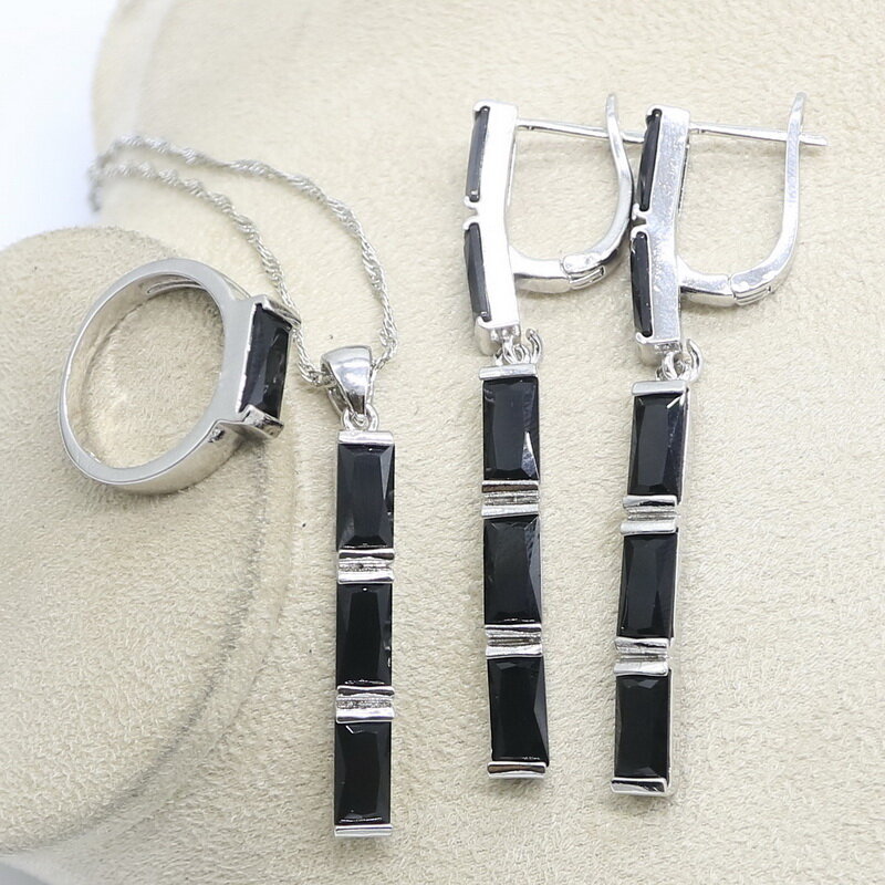 Saphir noir 925 en argent Sterling ensembles de bijoux de mariée pour les femmes longues boucles d'oreilles collier anneau pendentif Bracelets