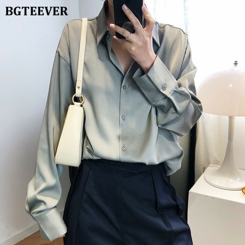 BBTEEVER 2020 세련된 여성 새틴 셔츠, 긴팔 단색 턴다운 칼라, 우아한 사무실 여성 작업복 블라우스, 신상