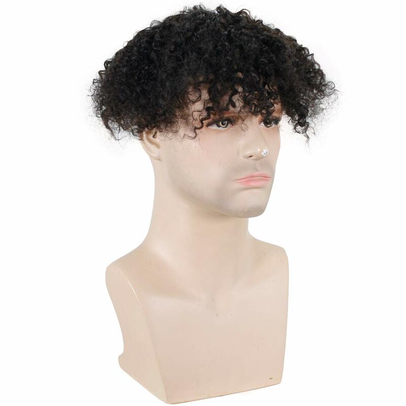 Kinky Curly Men's Toupee for African Amercian 100% Rem Human Hair Mono Lace PU Base Hairpiece Replacement Wig 10x8inch 1B Black