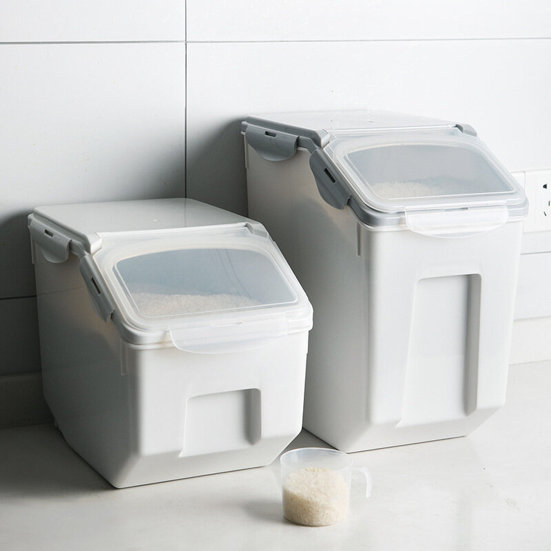 Plástico 10/15kg caixa de armazenamento de grãos de cozinha tanque de arroz selado à prova de umidade grande recipiente de armazenamento de alimentos para animais de estimação oídio anti-oxidação