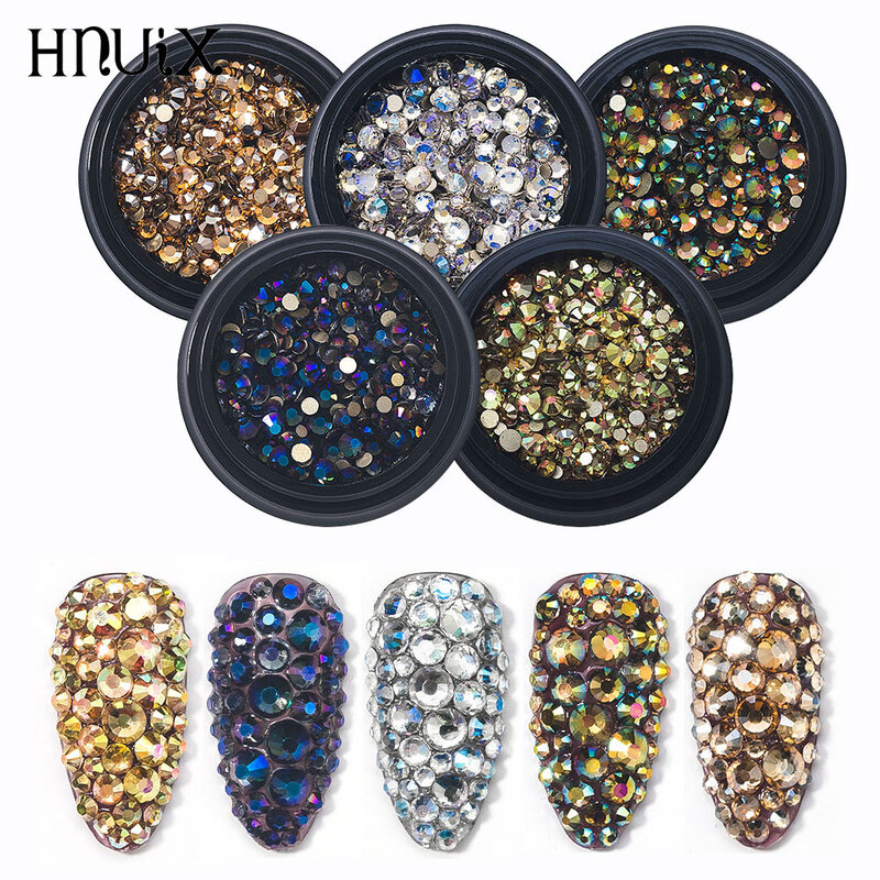 HNUHIX Crystal Mixed Rhinestones 1 Box Nail Art Decorations White AB Sparkling Stones Manicure Decorations Gems Diamonds Accesso