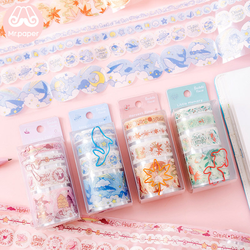 Mr Paper 4 diseños creativo troquelado diario cinta decorativa washi con Clip álbum de recortes regla de corte cintas de enmascarar de Color puro