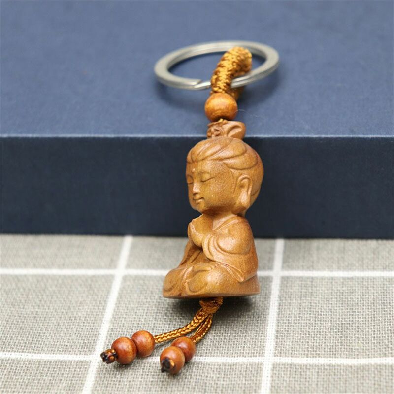 Llavero con colgante de tallado, accesorios de llavero de monje Buda, W ooden
