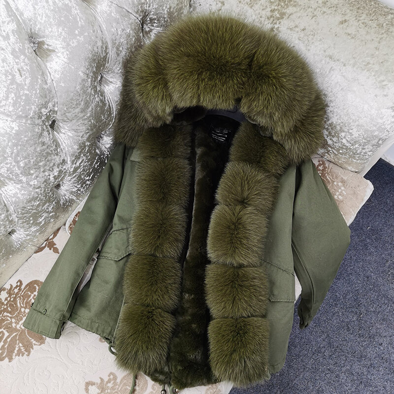 Maomaokong New Winter Women Parkas Natural Fox Fur Beige Coat Female Leather Warm Jacket Short Bomber Thick faux liner Clothes