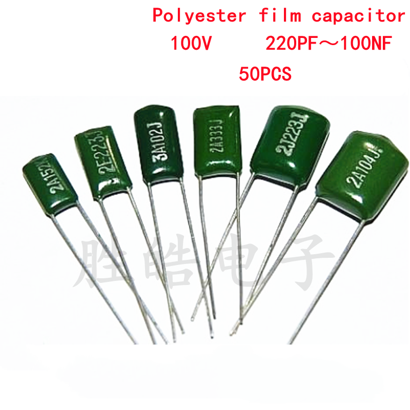 Condensador de película de poliéster, 100V, 1nF, 1.5nF, 2.2nF, 100nF, 2A471J, 2A102J, 2A152J, 2A222J, 2A392J, 2A332J, 2A472J, 2A473J, 2A104J, 50 unidades