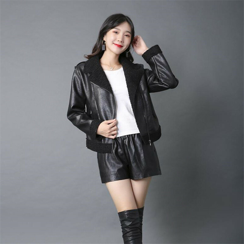 2023 outono inverno novo curto plutônio falso jaqueta de couro das mulheres com zíper solto coreano imitação lambswool casaco de couro