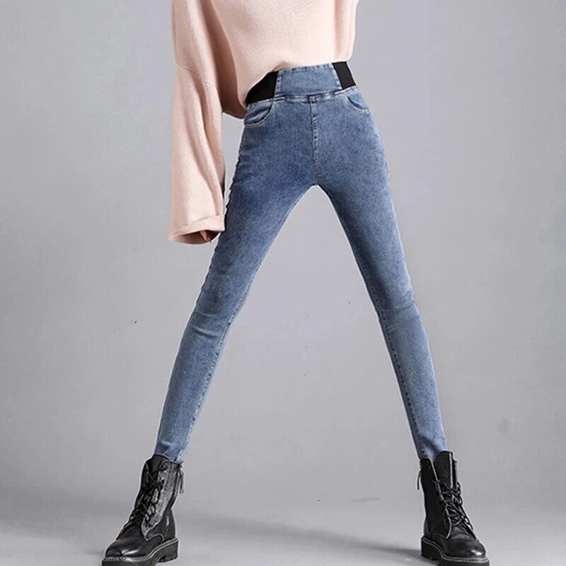 Calças jeans magras de veludo grosso de cintura alta feminina, preto, fino, oversize 38, elástico, patchwork vintage, quente, inverno