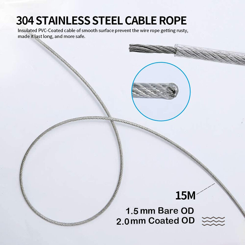 SGYM 56PCS/Set 30 Meter Steel PVC Coated Flexible Wire Rope Soft Cable Transparent Stainless Steel Clothesline Diameter 2mm Kit