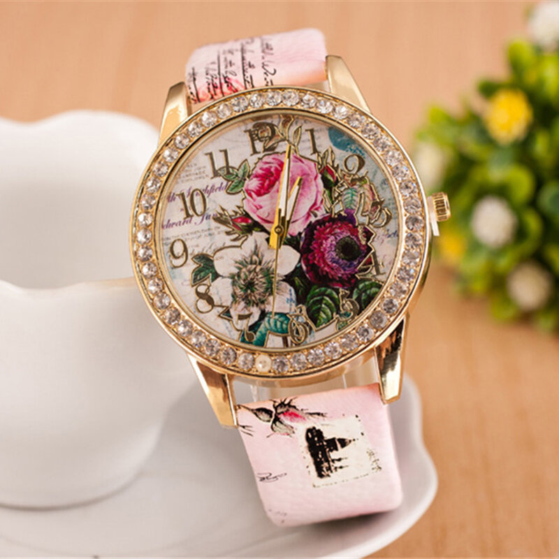 ¡Gran oferta! Reloj de pulsera de cuarzo con diamantes de imitación para mujer, pulsera con incrustaciones de flores, esfera redonda, banda de cuero de imitación, moda