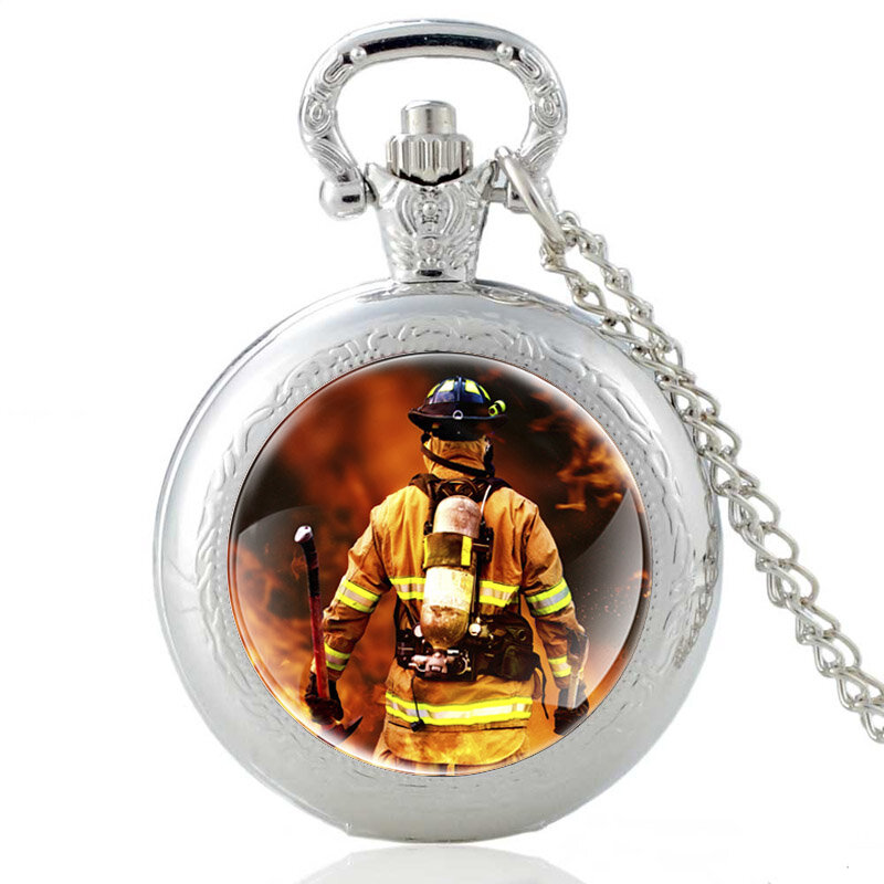 بطل اطفاء تصميم الزجاج كابوشون الكوارتز خمر ساعة جيب الرجال النساء مكافحة الحرائق قلادة قلادة سحرية سلسلة ساعة ساعة